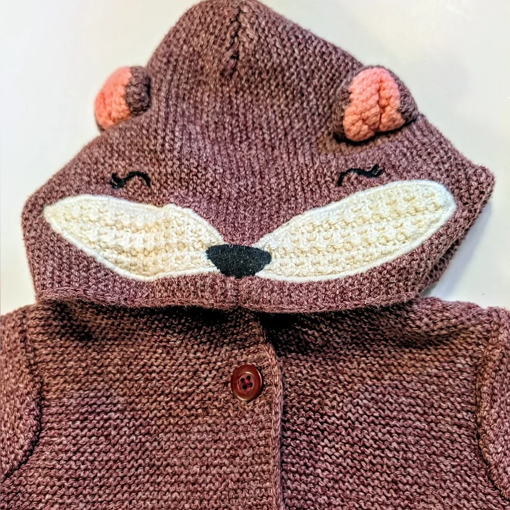 Baby Gap Plum Knit Cardigan size 3-6 Animal Face Hood